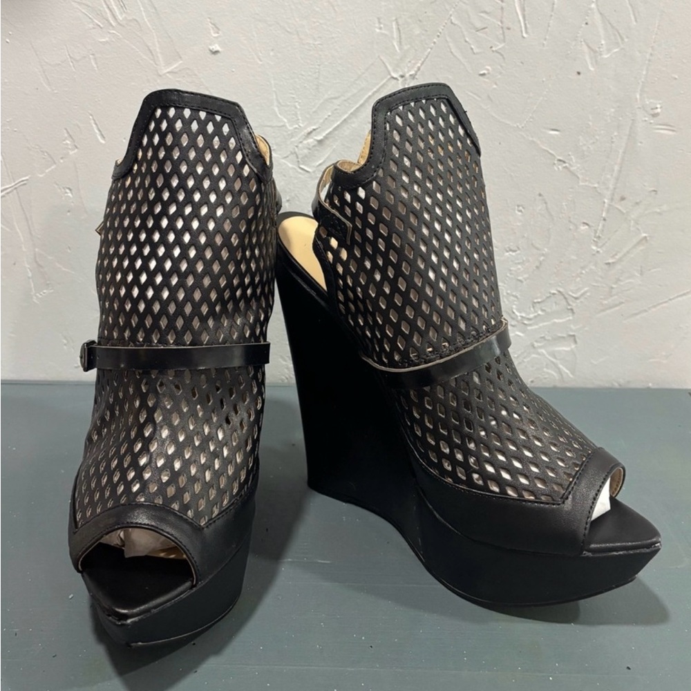 Beau + Ashe  Mesh Peep Toe High Wedge Sandals